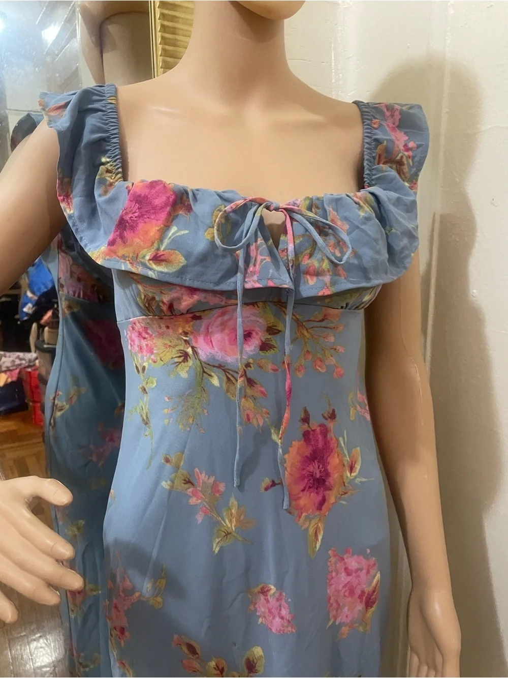 wild fable Blue Floral Maxi Dress with Ruffled Square Neck
